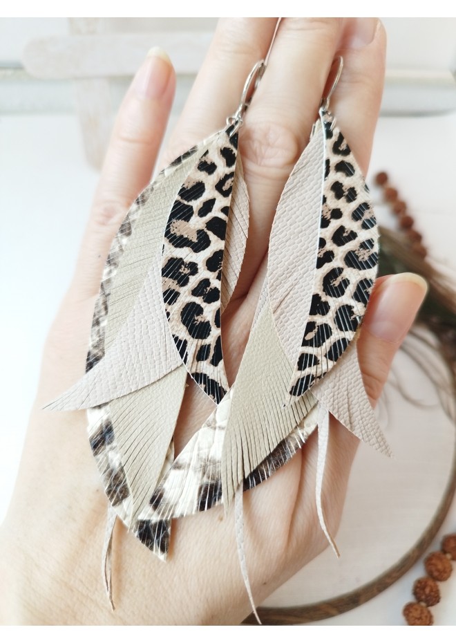 Multi layered earrings made from genuine leather