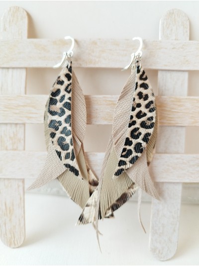 Animal print beige leather feather earrings.  