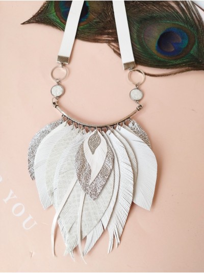 White silver leather feather necklace