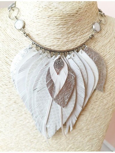 White silver leather feather necklace