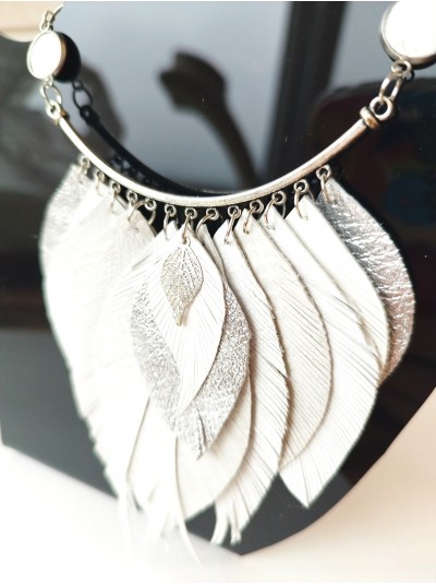 White silver leather feather necklace