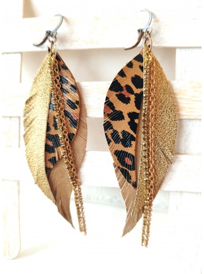 Leopard print brown gold with chain leather feather earrings.