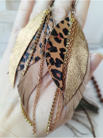 Leopard print brown gold with chain leather feather earrings.