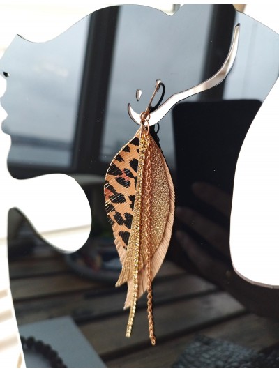 Leopard print brown gold with chain leather feather earrings.