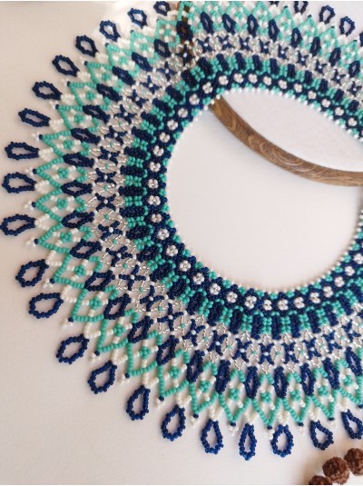 Emerald green blue collar beaded necklace, traditional Ukrainian beaded sylyanka