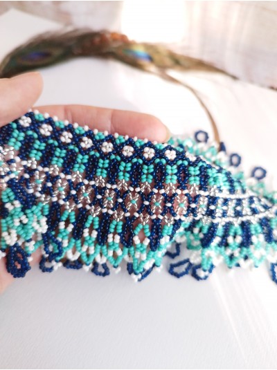 Emerald green blue collar beaded necklace, traditional Ukrainian beaded sylyanka