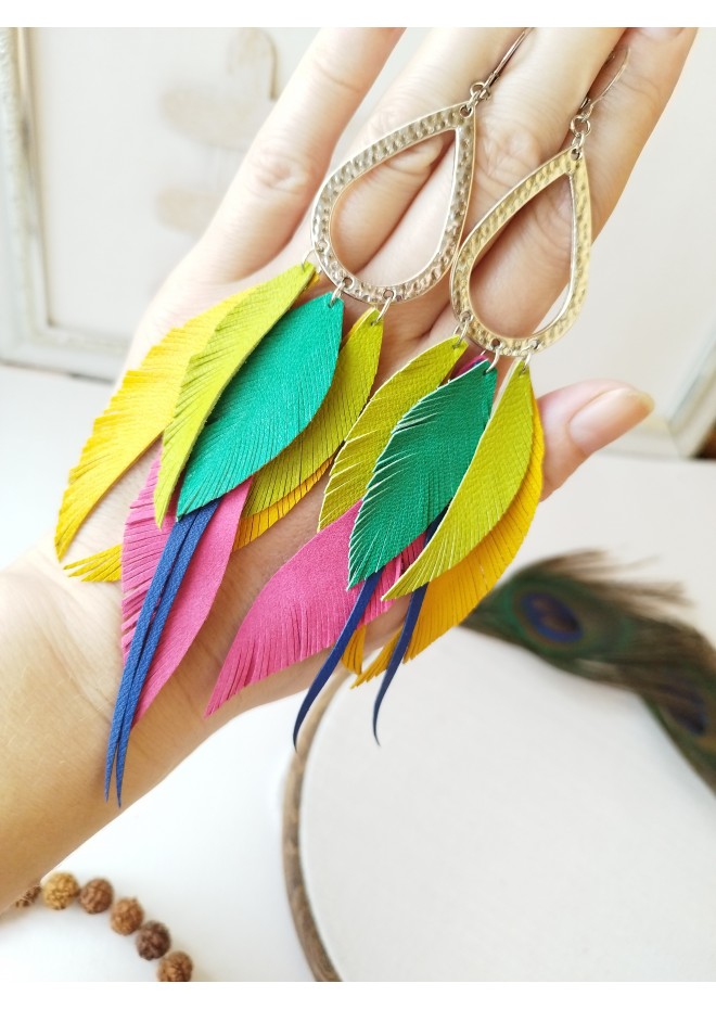 Multi layered earrings made from genuine leather