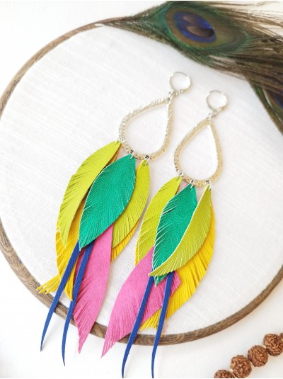 Multi color extra long leather feather earrings.