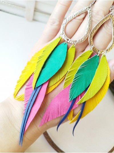 Multi color extra long leather feather earrings.