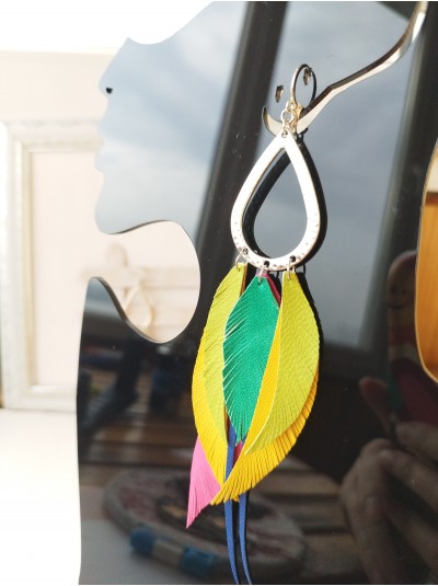 Multi color extra long leather feather earrings.
