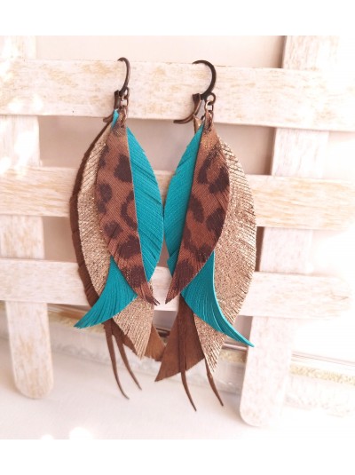 Brown emerald leather feather earrings