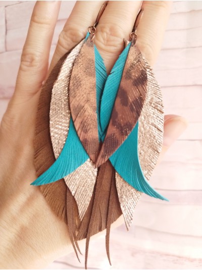 Brown emerald leather feather earrings