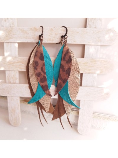 Brown emerald leather feather earrings
