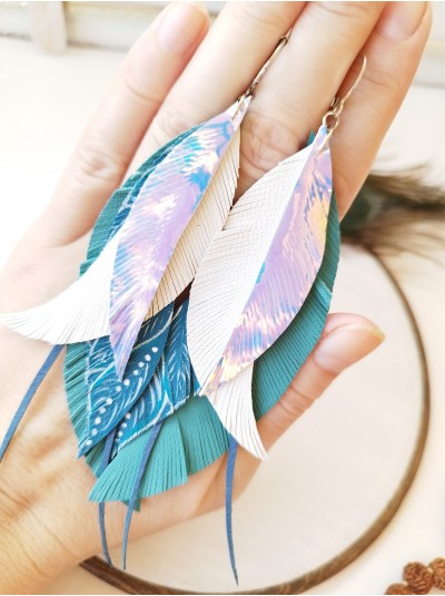 Emerald white leather feather earrings.  