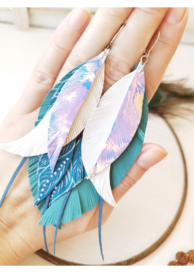 Multi layered earrings made from genuine leather