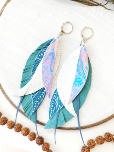 Emerald white leather feather earrings.  