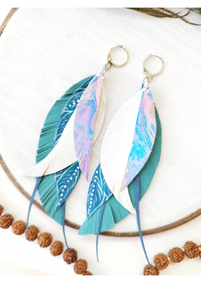 Multi layered earrings made from genuine leather