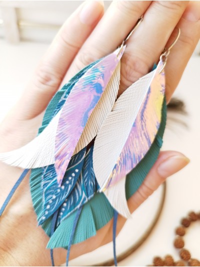 Emerald white leather feather earrings.  
