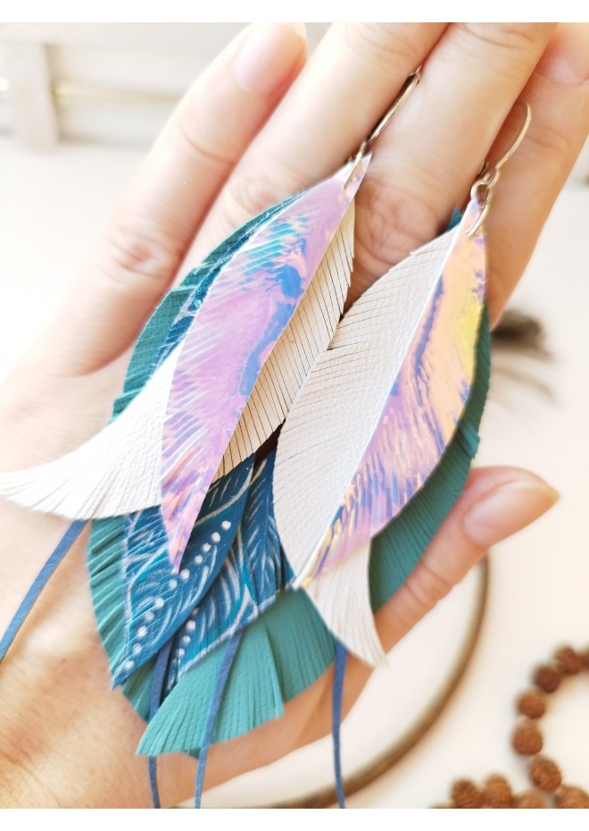 Multi layered earrings made from genuine leather