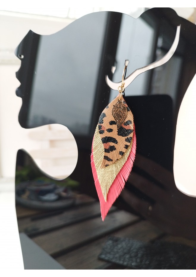 leather feather earrings coral orange genuine leather jewelry 