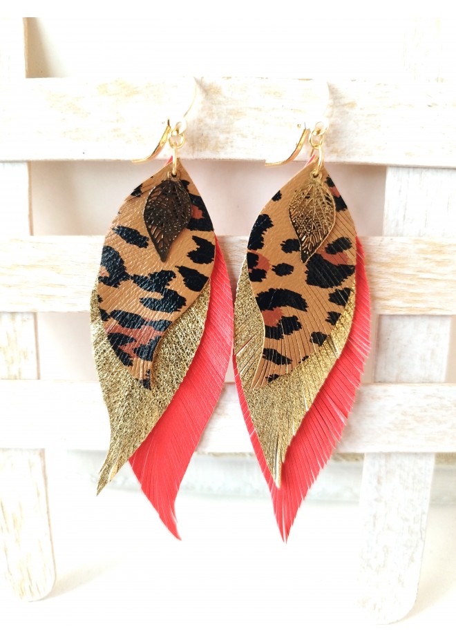 leather feather earrings coral orange genuine leather jewelry 