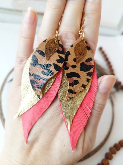  Coral leopard gold leather feather earrings,  handmade genuine leather jewelry.
