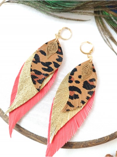  Coral leopard gold leather feather earrings,  handmade genuine leather jewelry.