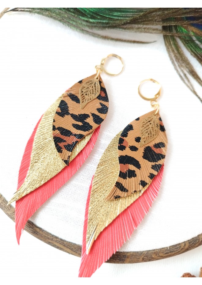 leather feather earrings coral orange genuine leather jewelry 