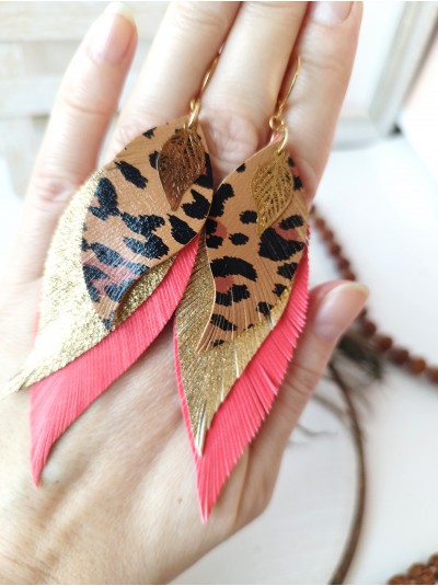  Coral leopard gold leather feather earrings,  handmade genuine leather jewelry.
