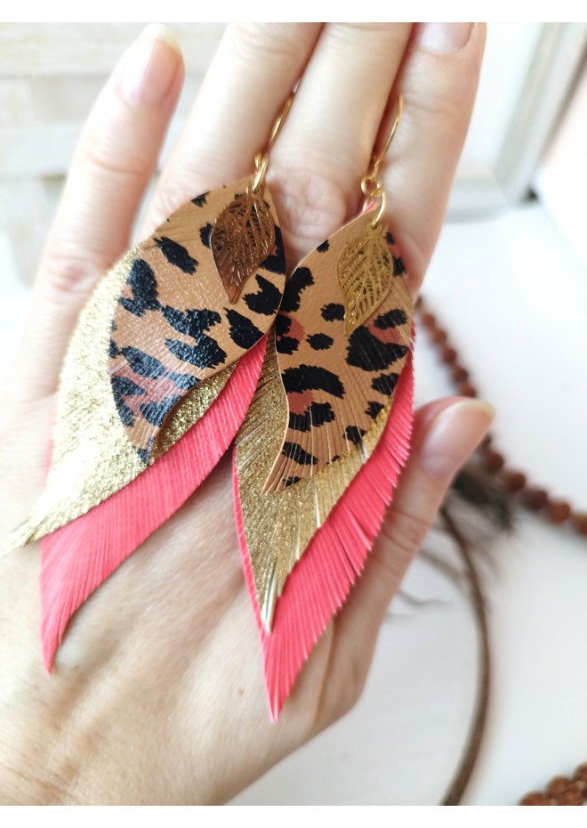 leather feather earrings coral orange genuine leather jewelry 