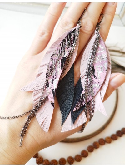pink black leather feather earrings with chain  