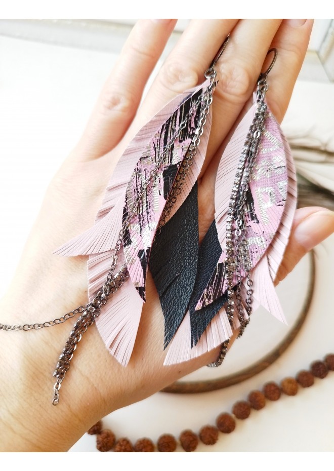 Multi layered earrings made from genuine leather
