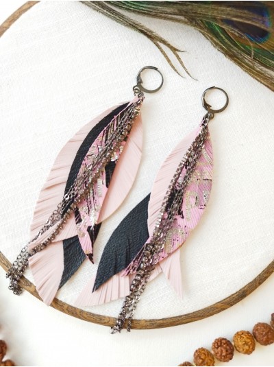 pink black leather feather earrings with chain  