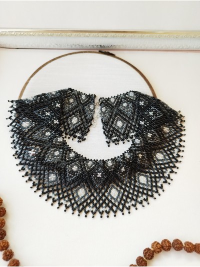 Black beaded collar necklace, traditional Ukrainian beaded sylyanka.