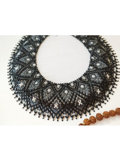 Black beaded collar necklace, traditional Ukrainian beaded sylyanka.