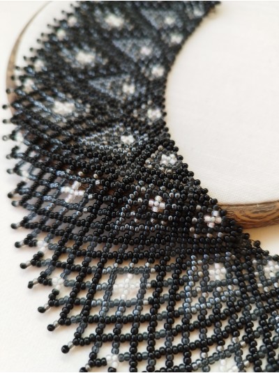 Black beaded collar necklace, traditional Ukrainian beaded sylyanka.
