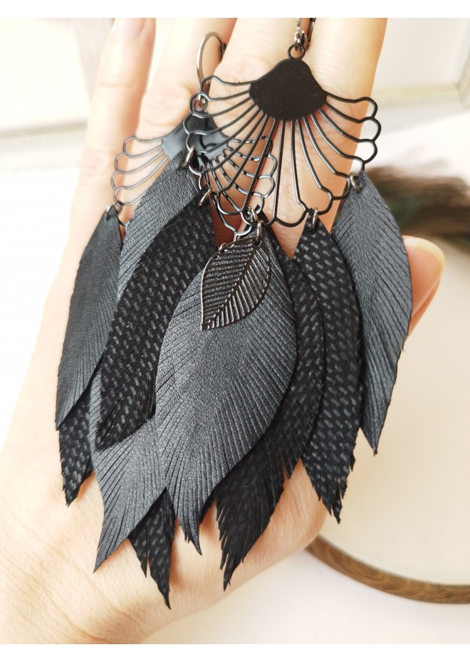 long leather feather earrings, mint genuine leather jewelry 