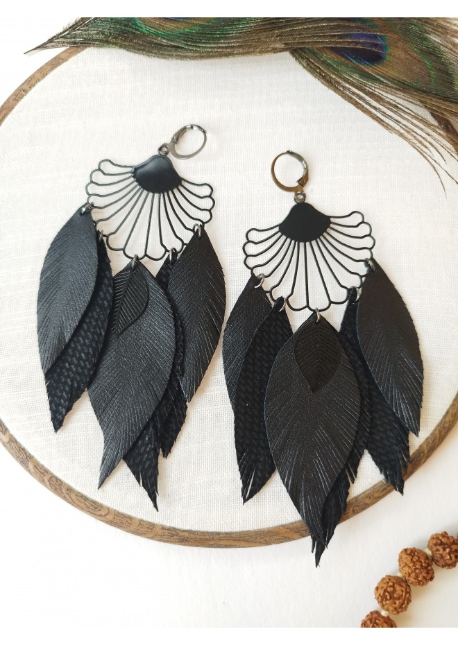 long leather feather earrings, mint genuine leather jewelry 