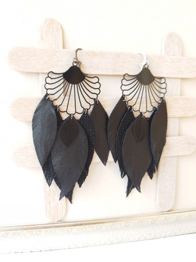 black long leather feather earrings.