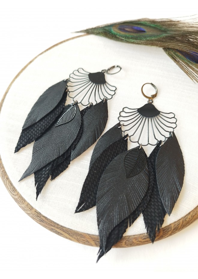 long leather feather earrings, mint genuine leather jewelry 