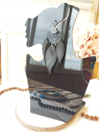 black long leather feather earrings.