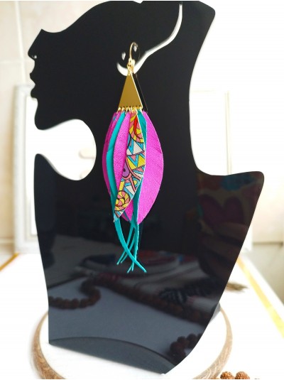 hot pink emerald long leather feather earrings.