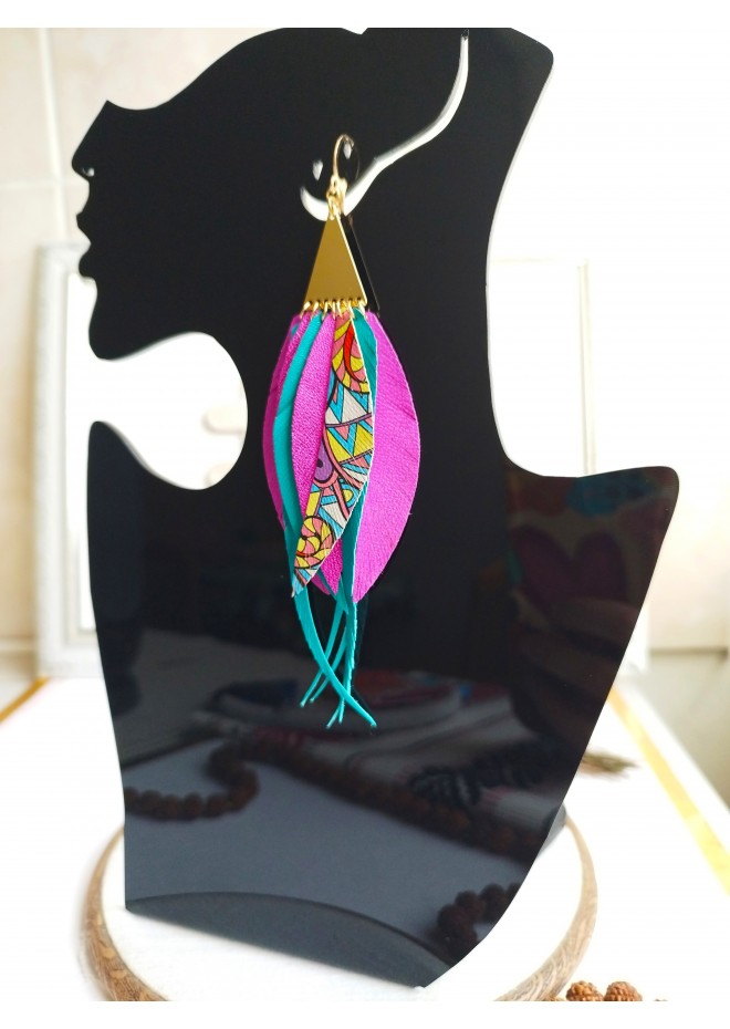 long leather feather earrings, brihgt genuine leather jewelry 