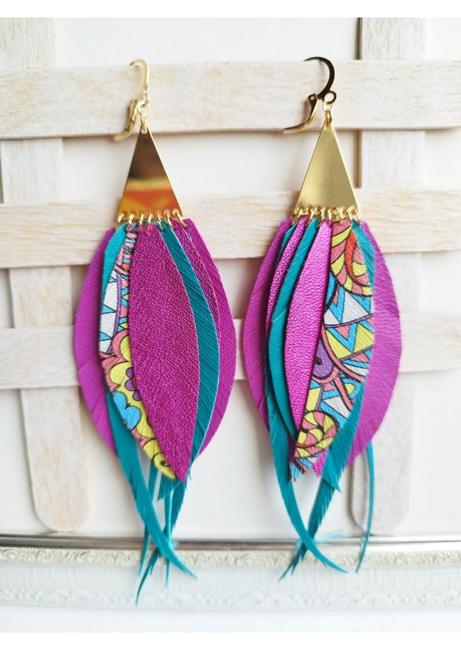 long leather feather earrings, brihgt genuine leather jewelry 