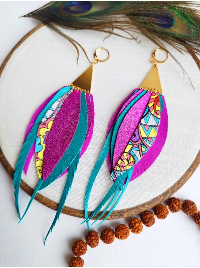 hot pink emerald long leather feather earrings.