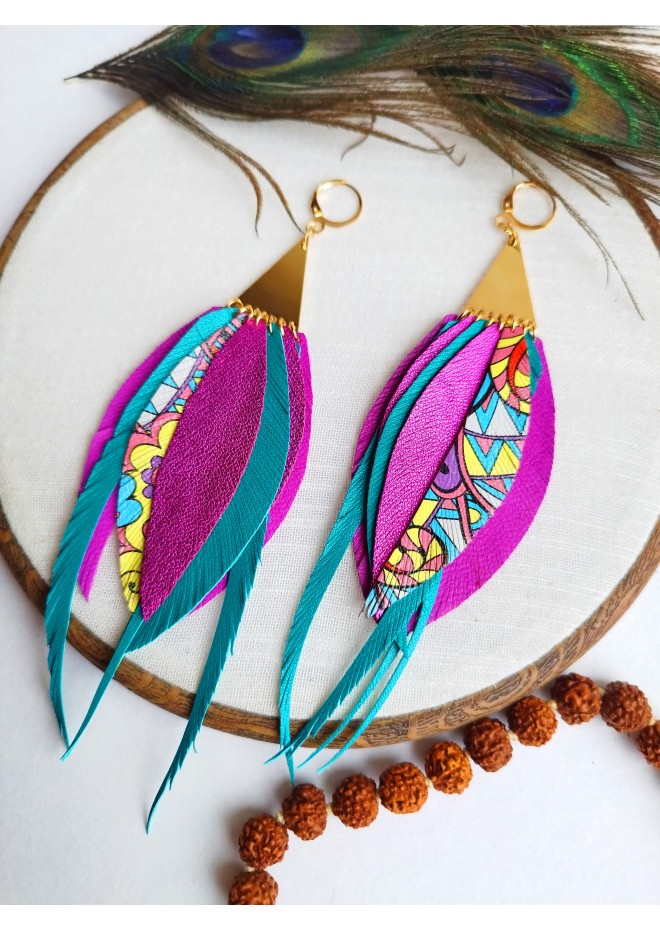 long leather feather earrings, brihgt genuine leather jewelry 