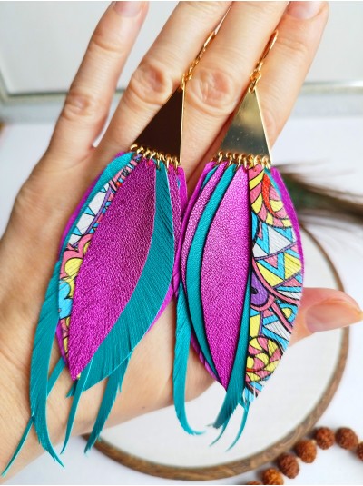 hot pink emerald long leather feather earrings.