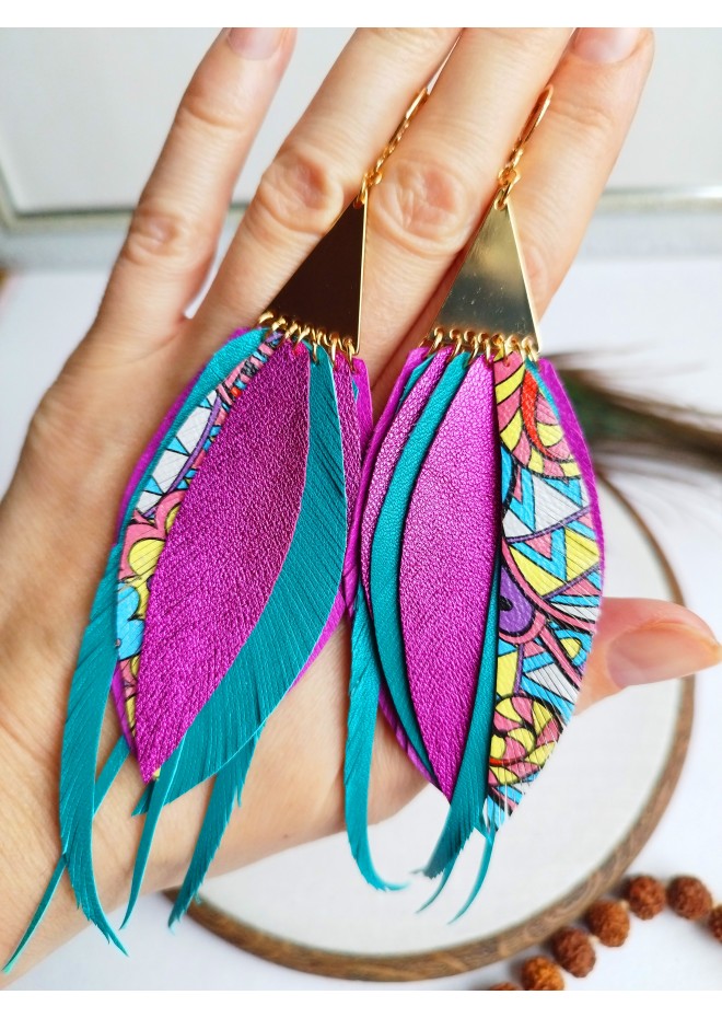long leather feather earrings, brihgt genuine leather jewelry 