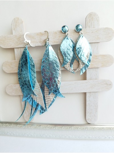 mother daughter earring set of 2 metallic light blue leather feather earrings