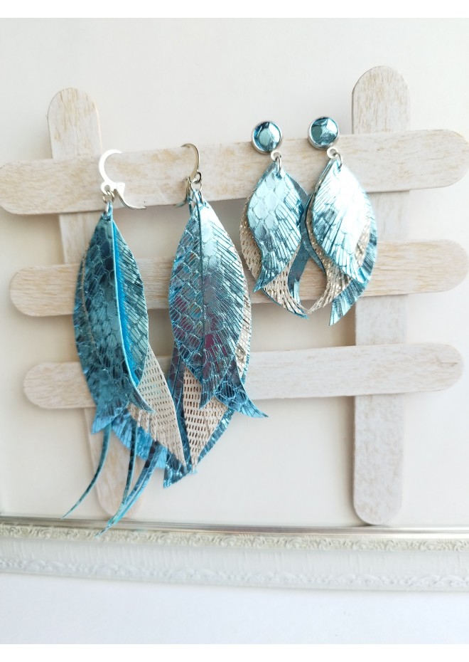 set of 2 long leather feather earrings, brihgt genuine leather jewelry 